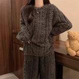 DERMEARNE Autumn Winter Warm Pajamas 2 Piece Set Thicken Velvet Elasticated Women Casual Nightwear Lounge Suit Women's Pajamas Home Wear