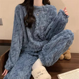 DERMEARNE Autumn Winter Warm Pajamas 2 Piece Set Thicken Velvet Elasticated Women Casual Nightwear Lounge Suit Women's Pajamas Home Wear