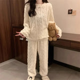 DERMEARNE Autumn Winter Warm Pajamas 2 Piece Set Thicken Velvet Elasticated Women Casual Nightwear Lounge Suit Women's Pajamas Home Wear