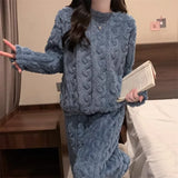 DERMEARNE Autumn Winter Warm Pajamas 2 Piece Set Thicken Velvet Elasticated Women Casual Nightwear Lounge Suit Women's Pajamas Home Wear