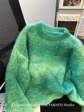 DERMEARNE Autumn Winter Woman French Pullovers Gradient Sweater Long Sleeve O-neck Crop Pullovers Knitwears Korean Jerseys Designer Mohair