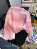 DERMEARNE Autumn Winter Woman French Pullovers Gradient Sweater Long Sleeve O-neck Crop Pullovers Knitwears Korean Jerseys Designer Mohair