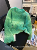 DERMEARNE Autumn Winter Woman French Pullovers Gradient Sweater Long Sleeve O-neck Crop Pullovers Knitwears Korean Jerseys Designer Mohair