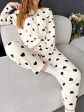 DERMEARNE Autumn Winter Women 2-Piece Pajamas Set Sleepwear Wafflefabric Love Printed Long-Sleeved Shirt and Long Pants Set Loungewear