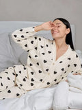 DERMEARNE Autumn Winter Women 2-Piece Pajamas Set Sleepwear Wafflefabric Love Printed Long-Sleeved Shirt and Long Pants Set Loungewear