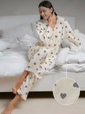 DERMEARNE Autumn Winter Women 2-Piece Pajamas Set Sleepwear Wafflefabric Love Printed Long-Sleeved Shirt and Long Pants Set Loungewear