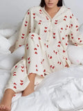 DERMEARNE Autumn Winter Women 2-Piece Pajamas Set Sleepwear Wafflefabric Love Printed Long-Sleeved Shirt and Long Pants Set Loungewear