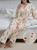 DERMEARNE Autumn Winter Women 2-Piece Pajamas Set Sleepwear Wafflefabric Love Printed Long-Sleeved Shirt and Long Pants Set Loungewear