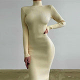 DERMEARNE Autumn Winter Women Turtleneck Knitted Dresses Elegant Solid Bodycon Long Sleeve Sweater Dress Spring Office Lady Sexy Dresses