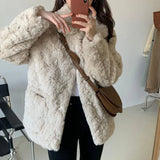 DERMEARNE Autumn Winter Women's Lamb Wool Jacket Korean Style Streetwear Lapel Faux Fur Coat Woman Warm Thick Furry Fluffy Coat
