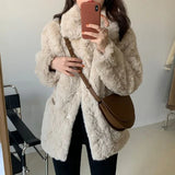 DERMEARNE Autumn Winter Women's Lamb Wool Jacket Korean Style Streetwear Lapel Faux Fur Coat Woman Warm Thick Furry Fluffy Coat