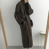DERMEARNE Autumn Winter Woolen Coat Women Fashion with Belt Turn Down Collar Warm Overcoat Vintage Brown Long Woolen Jacket Woman