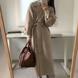 DERMEARNE Autumn Winter Woolen Coat Women Fashion with Belt Turn Down Collar Warm Overcoat Vintage Brown Long Woolen Jacket Woman