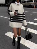 DERMEARNE Autumn and Winter Casual Street Tops Women's Knitted Sweaters Round Neck Solid Color Loose Fashionable Lazy Style Sweaters