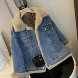 DERMEARNE Autumn and Winter Pure Cotton Retro Style Big Fur Collar Women's Denim Jacket with Plush Loose and Comfortable Soft Denim Jacket