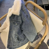 DERMEARNE Autumn and Winter Pure Cotton Retro Style Big Fur Collar Women's Denim Jacket with Plush Loose and Comfortable Soft Denim Jacket