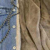 DERMEARNE Autumn and Winter Pure Cotton Retro Style Big Fur Collar Women's Denim Jacket with Plush Loose and Comfortable Soft Denim Jacket