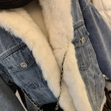 DERMEARNE Autumn and Winter Pure Cotton Retro Style Big Fur Collar Women's Denim Jacket with Plush Loose and Comfortable Soft Denim Jacket