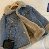 DERMEARNE Autumn and Winter Pure Cotton Retro Style Big Fur Collar Women's Denim Jacket with Plush Loose and Comfortable Soft Denim Jacket