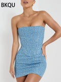 DERMEARNE BKQU Sequins Denim Two Piece Pants Set Women Sexy Strapless Zipper Corset Tank Tops and Wide Leg Jeans Luxury Party Club Outfits