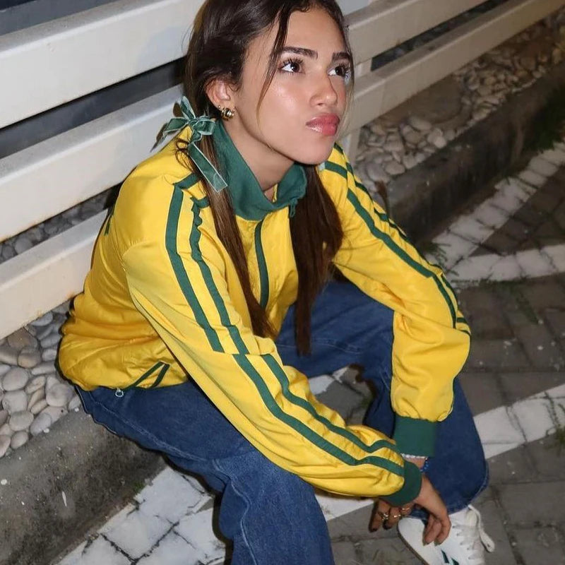 DERMEARNE BRASIL Yellow Vintage Jackets Women's Oversized Harajuku Zipper Windbreaker Y2k Streetwear Loose Coats Autumn Trend Sweatshirts