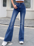 Dermearne Benuynffy Button Fly Women's Raw Hem Flare Jeans Autumn Fashion Woman Denim Pants Jean Femme High Waist Full Length Slim Jeans