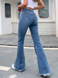 Dermearne Benuynffy Button Fly Women's Raw Hem Flare Jeans Autumn Fashion Woman Denim Pants Jean Femme High Waist Full Length Slim Jeans