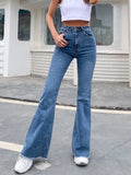 Dermearne Benuynffy Button Fly Women's Raw Hem Flare Jeans Autumn Fashion Woman Denim Pants Jean Femme High Waist Full Length Slim Jeans