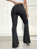 Dermearne Benuynffy Button Fly Women's Raw Hem Flare Jeans Autumn Fashion Woman Denim Pants Jean Femme High Waist Full Length Slim Jeans