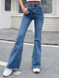 Dermearne Benuynffy Button Fly Women's Raw Hem Flare Jeans Autumn Fashion Woman Denim Pants Jean Femme High Waist Full Length Slim Jeans