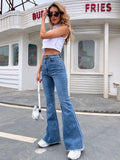 Dermearne Benuynffy Button Fly Women's Raw Hem Flare Jeans Autumn Fashion Woman Denim Pants Jean Femme High Waist Full Length Slim Jeans