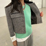 Dermearne Biyaby Metal Button Stand Collar Jackets for Women Korean Style Pockets Plaid Coat Woman Spring Long Sleeve Cropped Jacket