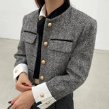 Dermearne Biyaby Metal Button Stand Collar Jackets for Women Korean Style Pockets Plaid Coat Woman Spring Long Sleeve Cropped Jacket
