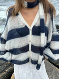 DERMEARNE Black White Stripe With Scarf Knitted Cardigan Women Casual V Neck Long Lantern Sleeve Sweater 2024 Autumn Lady Elegant Knitwear