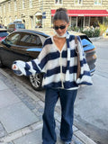 DERMEARNE Black White Stripe With Scarf Knitted Cardigan Women Casual V Neck Long Lantern Sleeve Sweater 2024 Autumn Lady Elegant Knitwear