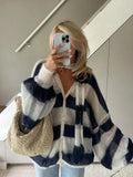DERMEARNE Black White Stripe With Scarf Knitted Cardigan Women Casual V Neck Long Lantern Sleeve Sweater 2024 Autumn Lady Elegant Knitwear