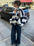 DERMEARNE Black White Stripe With Scarf Knitted Cardigan Women Casual V Neck Long Lantern Sleeve Sweater 2024 Autumn Lady Elegant Knitwear