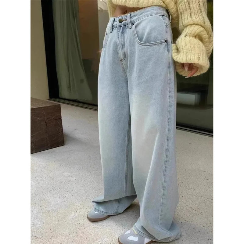 DERMEARNE Blue Jeans Women High Waist American Plus Size Wide Leg Pants Vintage Straight Baggy Casual Denim Trousers Mom Oversize Pants