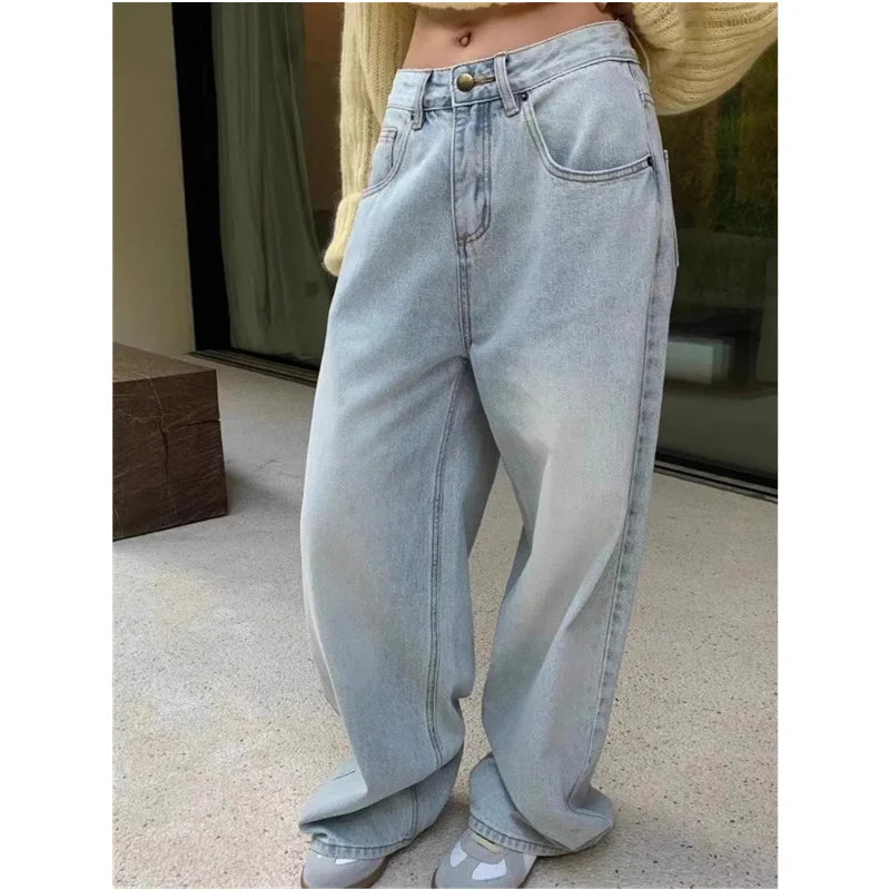DERMEARNE Blue Jeans Women High Waist American Plus Size Wide Leg Pants Vintage Straight Baggy Casual Denim Trousers Mom Oversize Pants