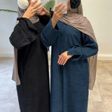 DERMEARNE Bowknot Decorations Corduroy Abaya Muslim Women Dress, O Neck Side Pockets, Warm Loose Modest Islam Hijabi Robe, Ramadan, Autumn