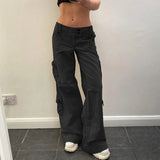 Dermearne Button Low Waist Y2K Denim Pants Women Pockets Stitching Straight Cargo Pants Vintage Casual Gray Streetwear Jeans