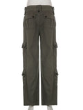 Dermearne Button Low Waist Y2K Denim Pants Women Pockets Stitching Straight Cargo Pants Vintage Casual Gray Streetwear Jeans