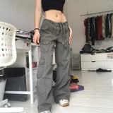 Dermearne Button Low Waist Y2K Denim Pants Women Pockets Stitching Straight Cargo Pants Vintage Casual Gray Streetwear Jeans