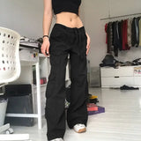 Dermearne Button Low Waist Y2K Denim Pants Women Pockets Stitching Straight Cargo Pants Vintage Casual Gray Streetwear Jeans