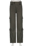 Dermearne Button Low Waist Y2K Denim Pants Women Pockets Stitching Straight Cargo Pants Vintage Casual Gray Streetwear Jeans