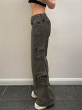 Dermearne Button Low Waist Y2K Denim Pants Women Pockets Stitching Straight Cargo Pants Vintage Casual Gray Streetwear Jeans