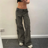Dermearne Button Low Waist Y2K Denim Pants Women Pockets Stitching Straight Cargo Pants Vintage Casual Gray Streetwear Jeans