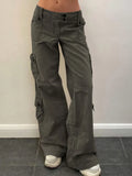 Dermearne Button Low Waist Y2K Denim Pants Women Pockets Stitching Straight Cargo Pants Vintage Casual Gray Streetwear Jeans