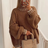 DERMEARNE Casual All-match Spliced Knitted Bottom Shirt Autumn Winter Soft Turtleneck Tops Pullover Fashion Striped Contrast Women Sweater