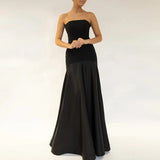 DERMEARNE Casual Patchwork Pleated Robe Dresses Ladies Fashion Strapless High Waist Banquet Dress Sexy Hollow Off Shoulder Slim Long Dress